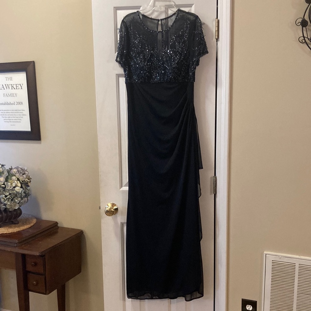 Beaded Round Neck Short Illusion Sleeve Chiffon Gown